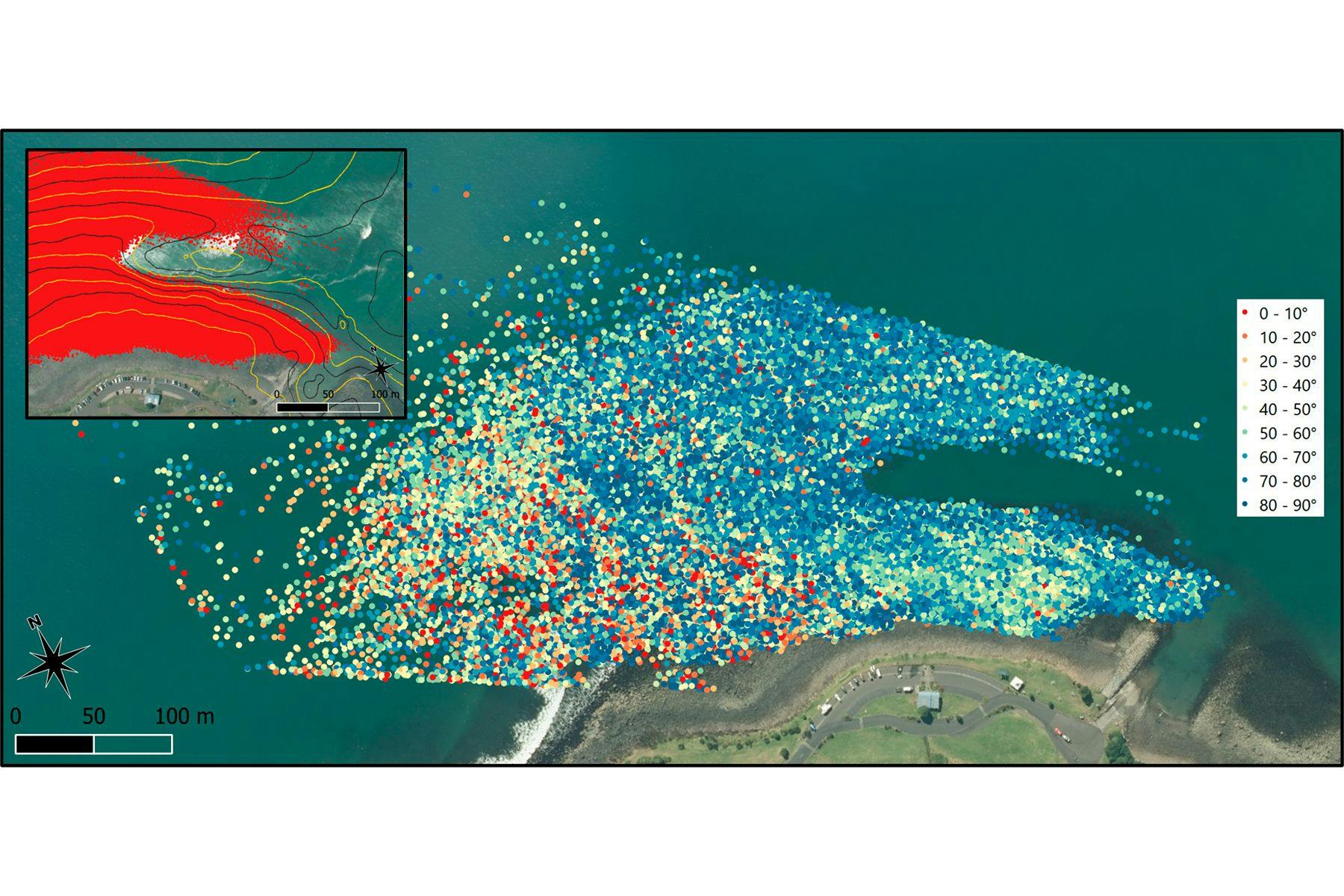 -	Fig 3: Filtered surfable break points detected between May 2017 and June 2020; colour graduated based on peel angle. The insert shows the same breakpoint locations with a depth isobath overlay. The nearest contour to land is -0.5 m (MSL), contours are in 1 m increments.